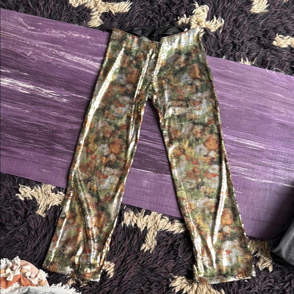 Collina Strada Green and Gold Trousers with Artistic Pattern